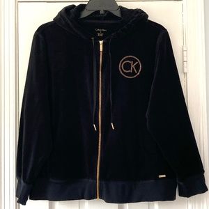 Calvin Klein Black Velvet Zip-up Hooded Sweater Size 2X